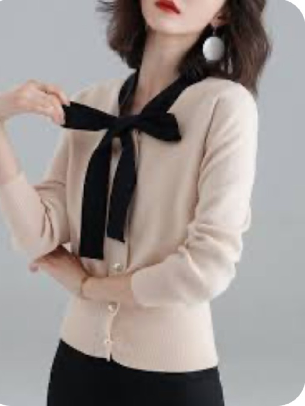 J.ING Cream Knit Cardigan with Black Bow Accent, Size Small, New with Tag